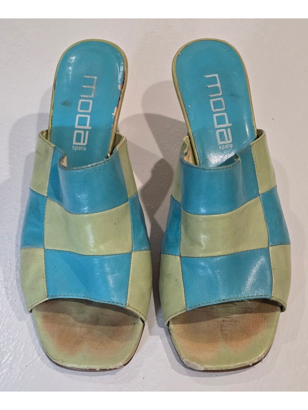 Vintage Moda Spana Blue Green Patchwork Leather Mule Heels Size 6.5M Y2K